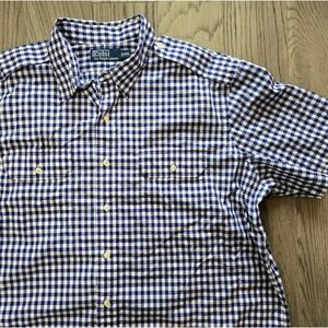 VTG Polo Ralph Lauren Safari Shirt Navy Blue Gingham Check Short Sleeve Mens XXL